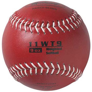 red 9 oz Weighted Leather 11" Softball with white stitching on white background