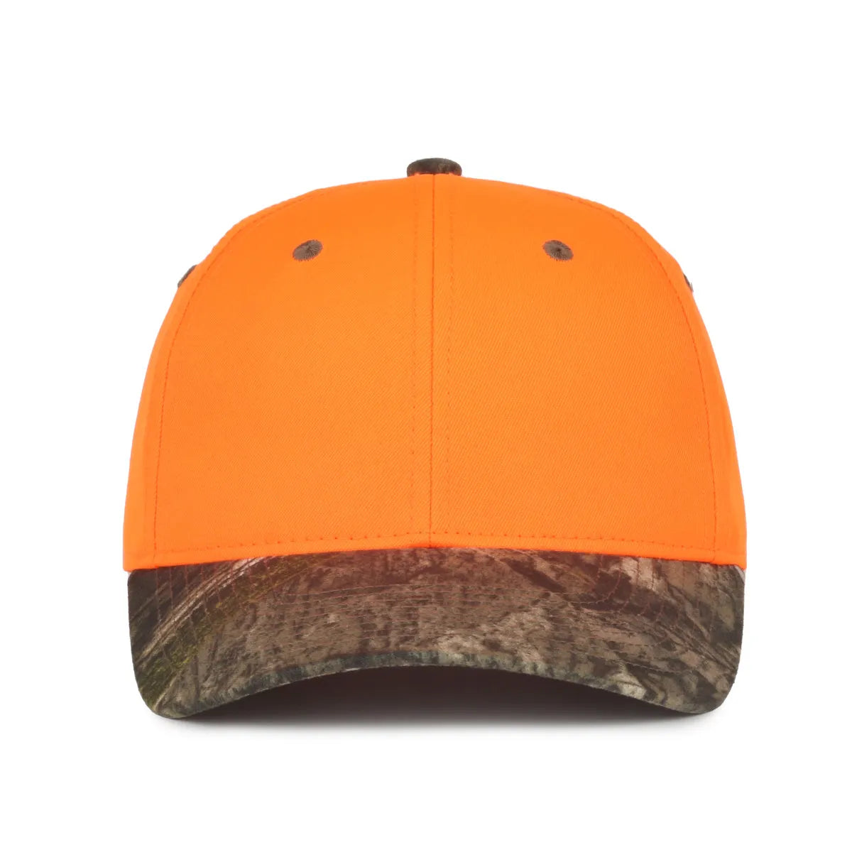 Orange and camouflage baseball 202IS-Blaze/Mossy Oak® Country DNA® cap front view on a white background