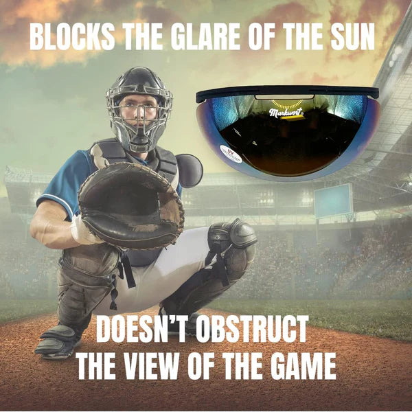 Person in catcher's gear holding a baseball glove with sunglasses above, set against a stadium background. Markwort PowerSwing Sun Shade in rainbow gold color