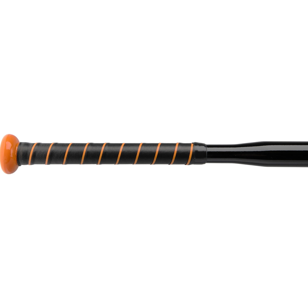 close up of Black Contact Trainer baseball bat with orange accents on a white background