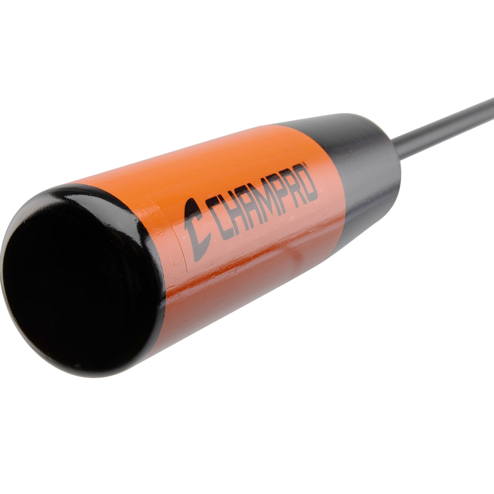 close up of tip of Baseball Bamboo Training Bat in orange and black color with ultra thin middle section with "Champro" branding on it, on white background