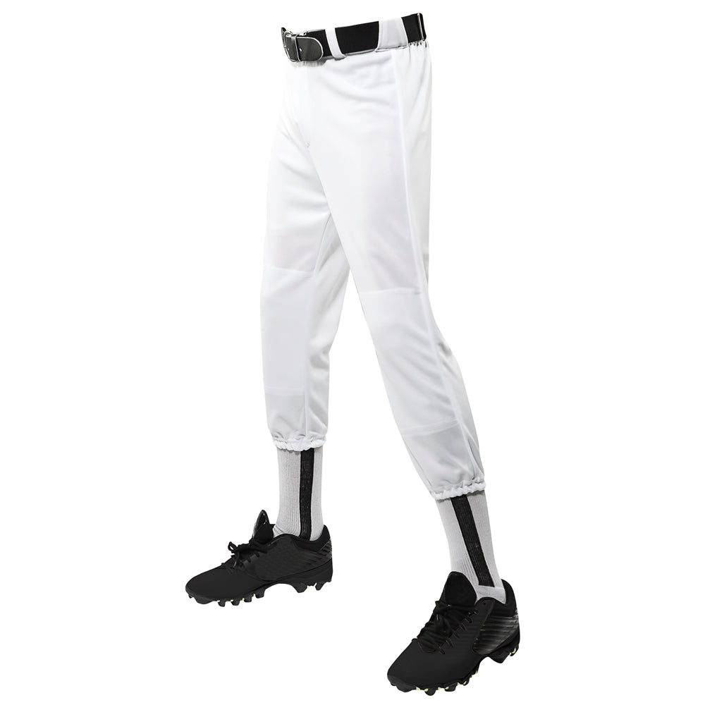 white softball Champro Performance Pull-Up Baseball Pant With Belt Loops Youth with black cleats on a white background