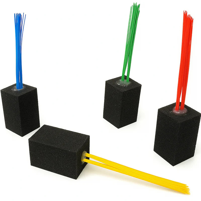 4 Major League Foam Base Plug w/Bristles in blue, green, red and yellow color on white background