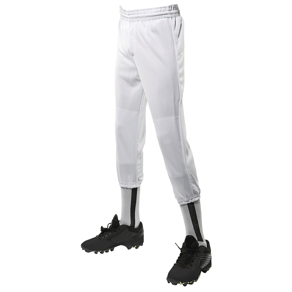 WHITE Champro Value Pull-Up Pant FOR Youth pants with black cleats on a white background