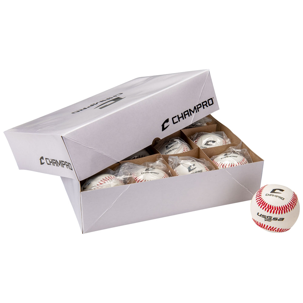Box of Champro USSA baseballs with a single ball on a white background