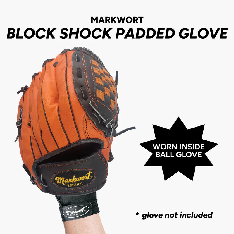 Orange and black Markwort Block Shock Padded Glove worn inside a ball glove on a white background.