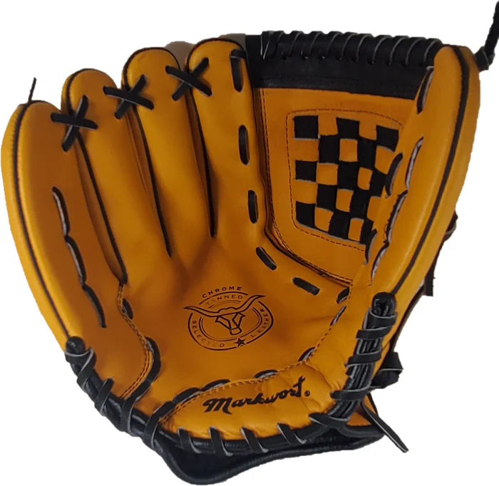 Brown baseball glove with black accents on a white background. baseball glove model is Markwort Softball Ballglove 13" Tan Regular – Infield/Outfield (RHT)