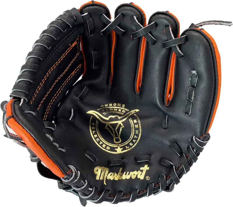 Orange and black baseball glove with 'Markwort' branding on a white background. glove model is Markwort 9" T-Ball Glove - Right Handed Throw