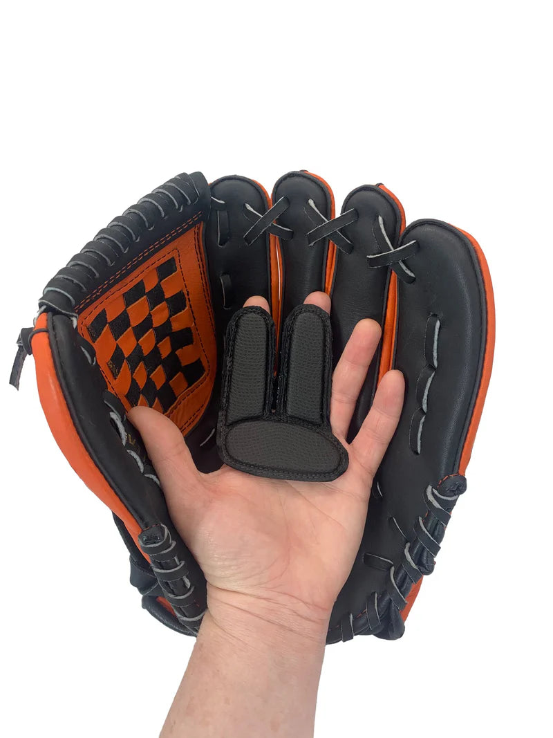 person's hand wearing PalmGard Sting Stopper Adult Glove Insert inside a baseball glove on white background