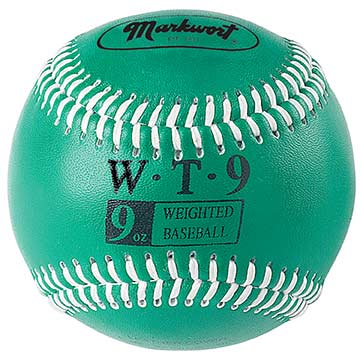 green 9 oz Markwort Weighted Leather Baseball with white stitching on blue background