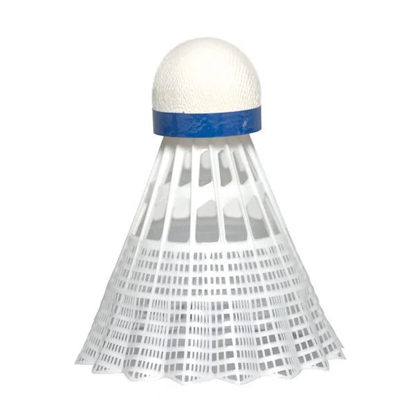 White badminton shuttlecock with a blue top on a white background. Jex 800 Deluxe Tournament Grade Shuttlecock - Cork Base - 6 Pieces Per Tube