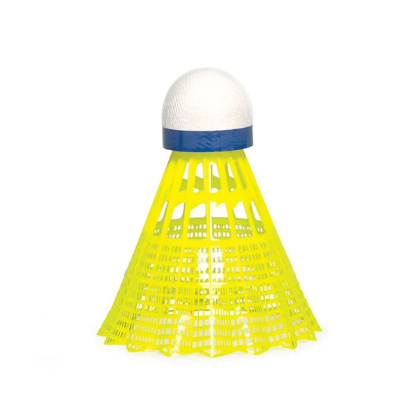 Yellow badminton shuttlecock with a blue band on a white background. Jex 800 Deluxe Tournament Grade Shuttlecock - Cork Base - Yellow Skirt
