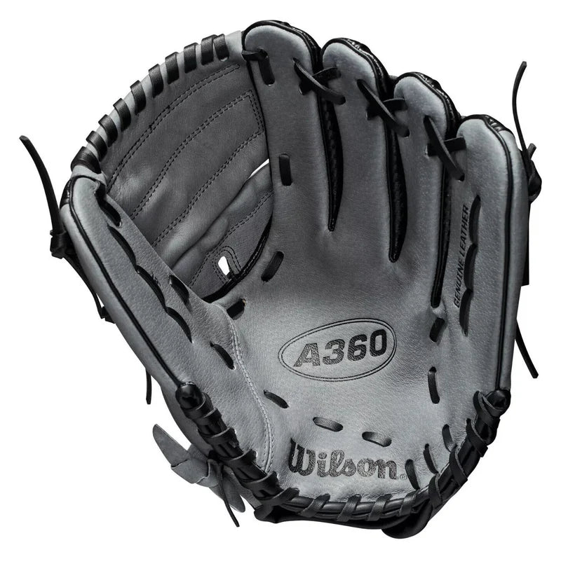 Black and gray baseball glove with 'Wilson' branding on a white background. glove model is Wilson Carbonlite A360 12" Youth Baseball Glove