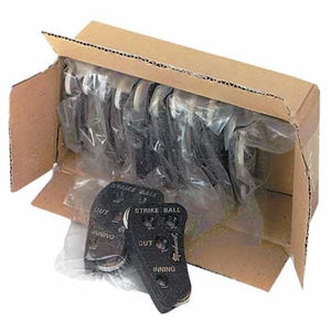 Cardboard box with plastic-wrapped Umpire 3 Dial Plastic Plain No Logo Indicator in bulk quanitity on a white background