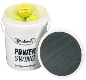 18 Pcs of FP247Y Leather FP Softball in Markwort Ball Bucket on a white background