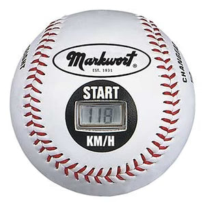 Markwort Speed Sensor 9 Baseball in white color with red stitching having digital display on white background