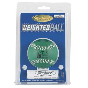 clamshell packaging of 9oz green Markwort Weighted Baseball on white background