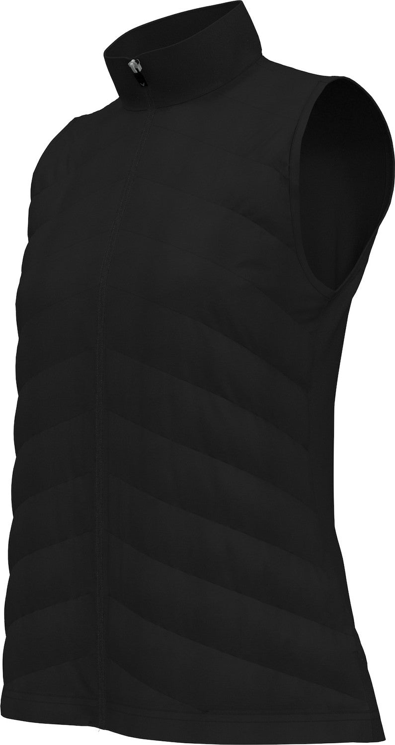 Black sleeveless quilted vest on a white background