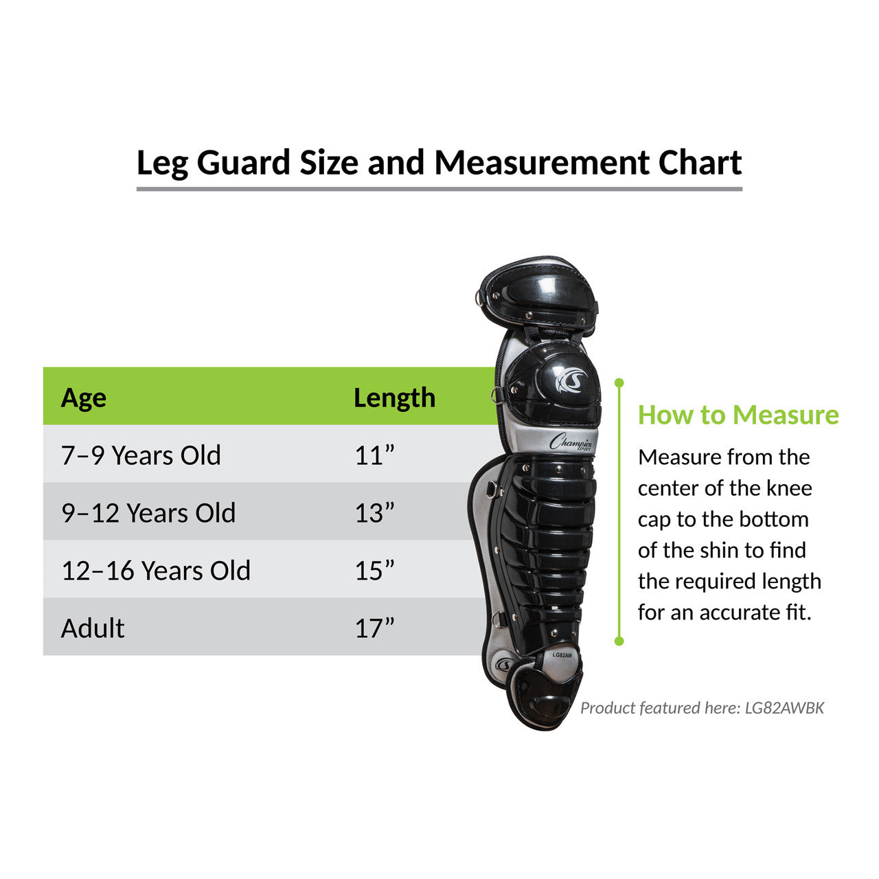 Champion Single Knee Baseball Shin Guards, 11" L, Ages 7-9 - 13" L, Ages 9-12