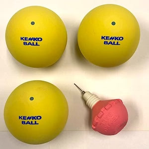 Kenko Soft Tennis Ball Starter Set having three yellow kenko balls and a pump on white background