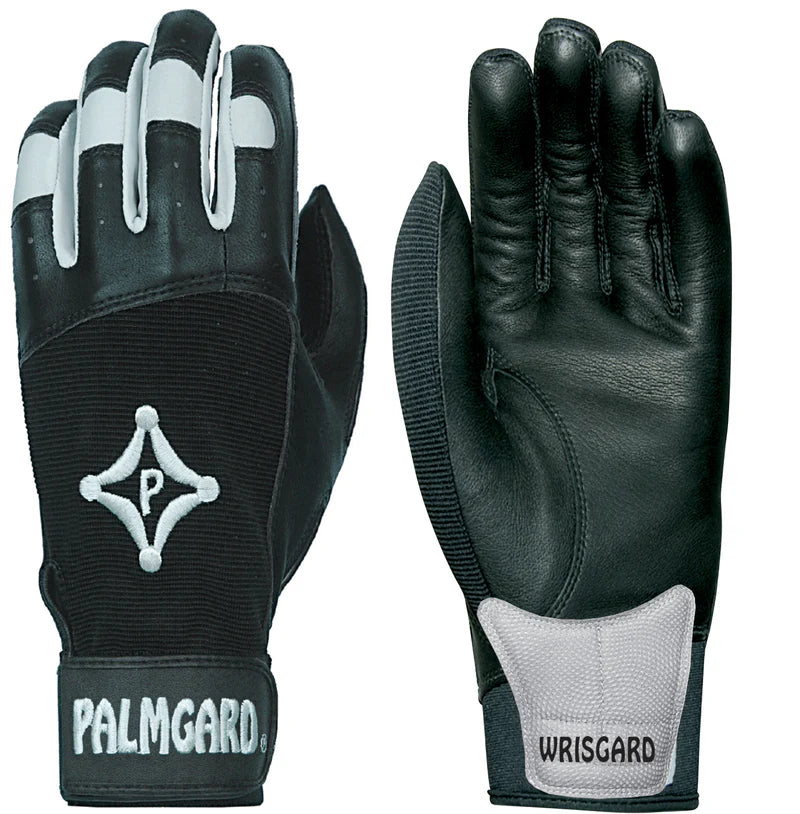 black and grey pair of PalmGard® Glove / Wrist Gard Left Hand on white background