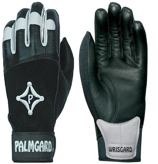 pair of black and grey PalmGard® Glove Wrist Gard Protector Right Hand on white background