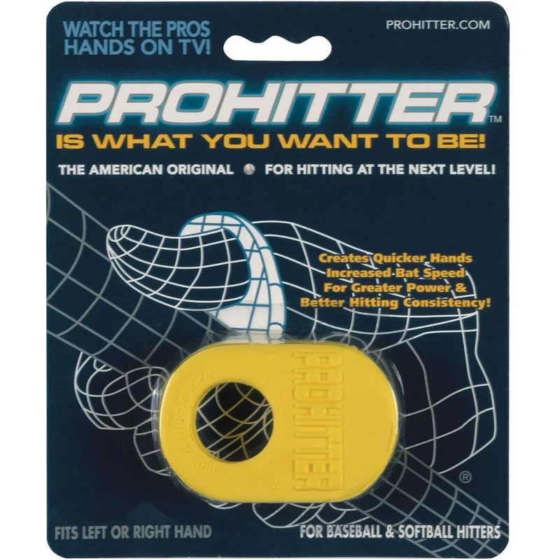 ProHitter Batting Aid packaging with yellow baseball batting aid on blue background