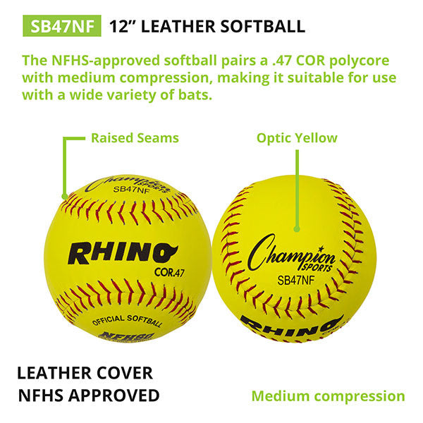 Champion 12" Leather Poly Core Softball, NFHS Approved - Dozen