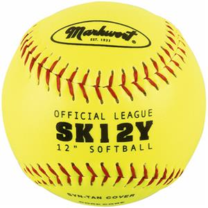 yellow Markwort 12 Synthetic Leather Softball with red stitching on white background
