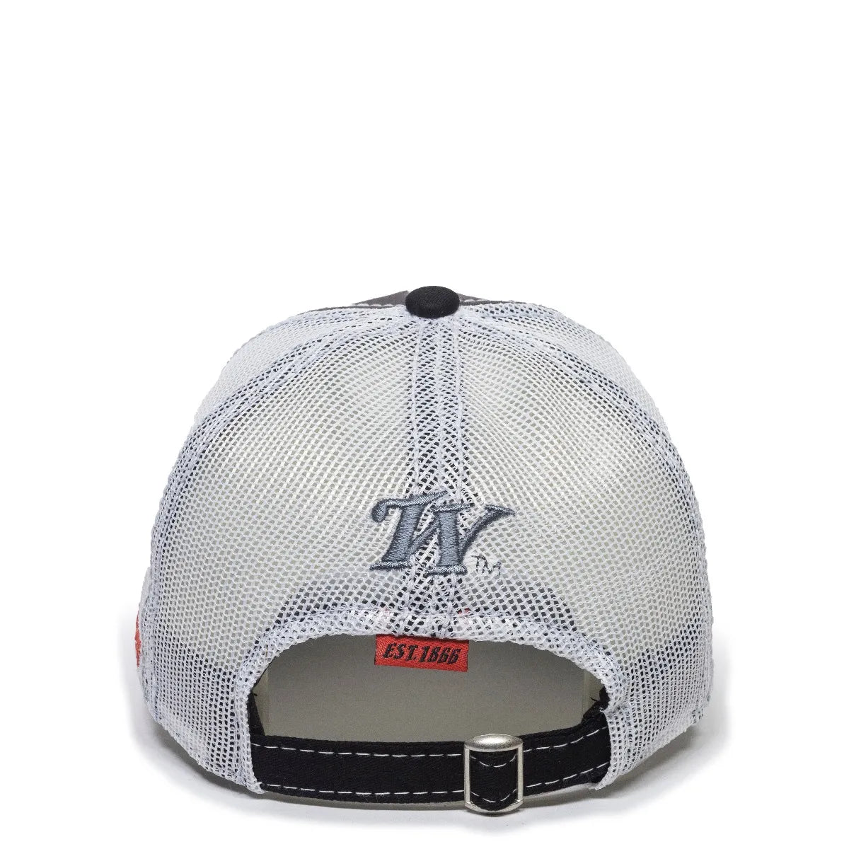Back view of a white mesh WIN35B-LtGrey/Black cap with black brim and logo on a white background