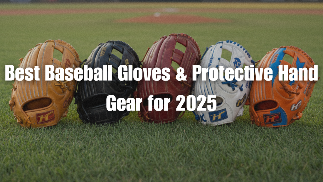 colorful baseball gloves placed on grass with text written on it "best baseball gloves and protective hand gear for 2025"