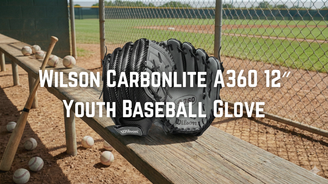 Wilson Carbonlite A360 12″ Youth Baseball Glove placed on a bench in a baseball training area and text written on image 