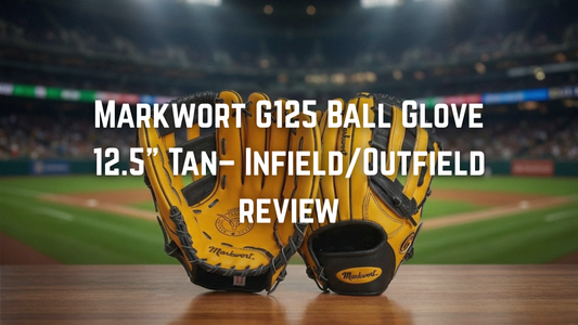 Markwort G125 Ball Glove 12.5" Tan– Infield/Outfield baseball glove placed on a wooden surface, the background is baseball ground. the text written on image is "Markwort G125 Ball Glove 12.5" Tan– Infield/Outfield Review"
