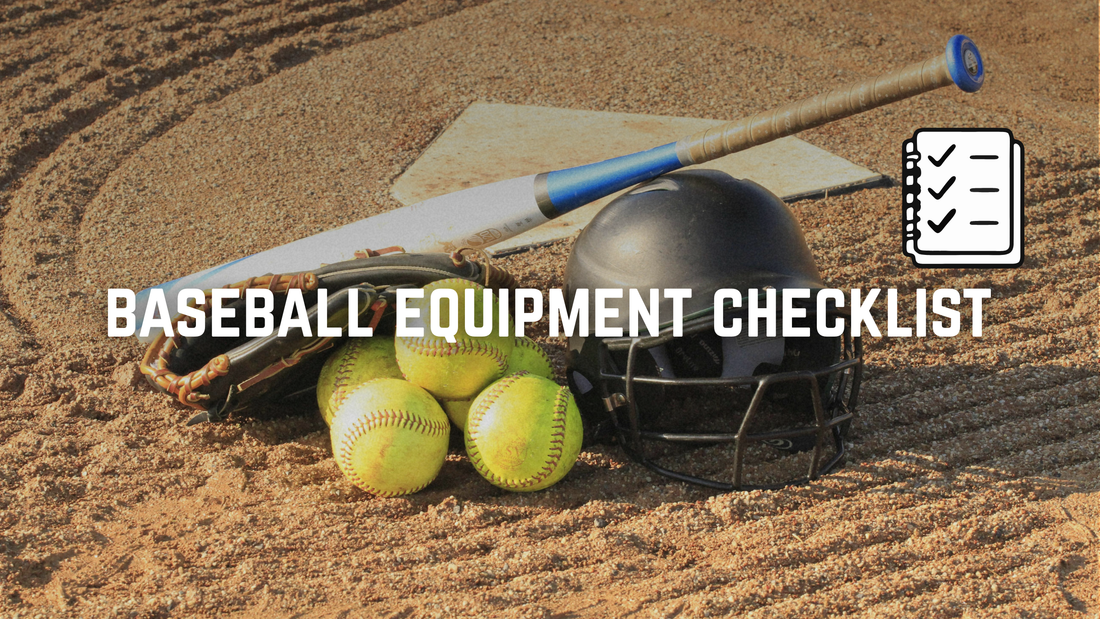 image showing baseball equipment placed on field and text written on the image as "Baseball Equipment Checklist"