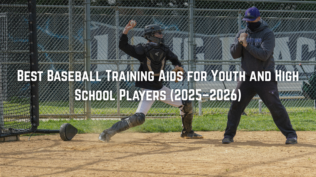 An image of a young baseball player throwing a ball and the coach standing nearby, and text "best baseball training aids for youth and high school players (2025-2026)" on it