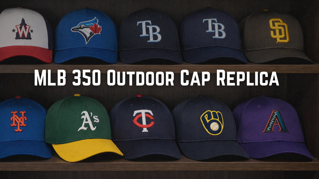 MLB 350 outdoor replica caps arranged on a shelve
