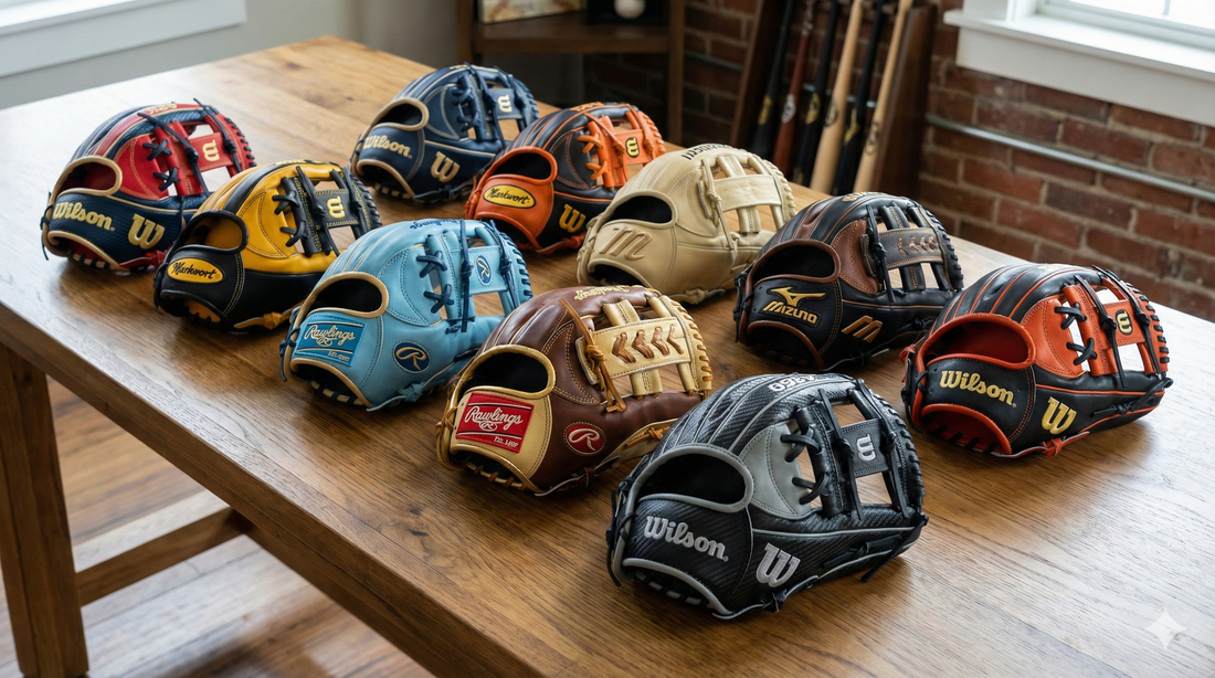 AllAthletesClub Top ten Baseball gloves placed on a wooden table