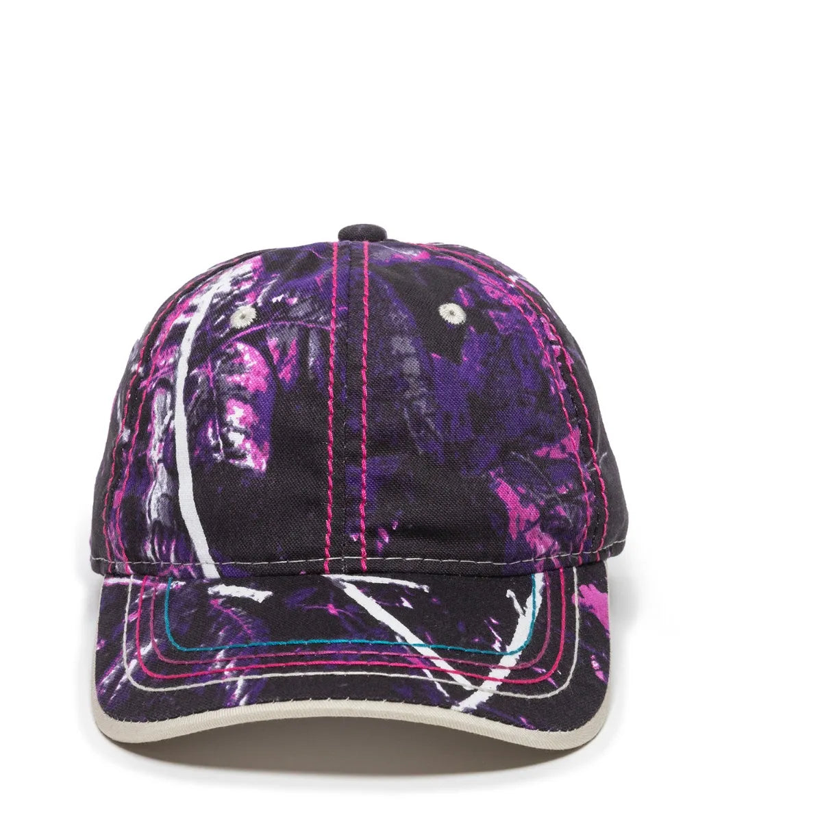 Purple and black 101lds-muddy-girl cap with abstract design front view on a white background