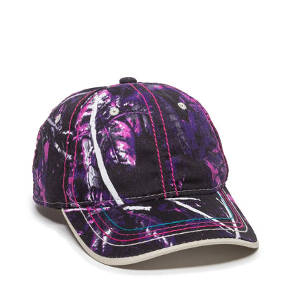 Purple and black 101lds-muddy-girl cap with abstract design front view on a white background