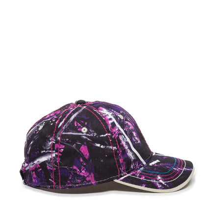 Purple and black 101lds-muddy-girl cap with abstract design side view on a white background
