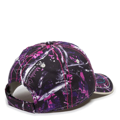 Purple and black camouflage baseball cap on a white background