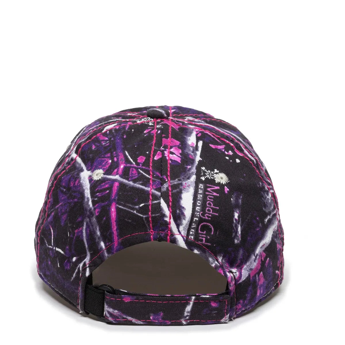 Purple and pink camouflage cap with 'Muddy Girl' logo on a white background