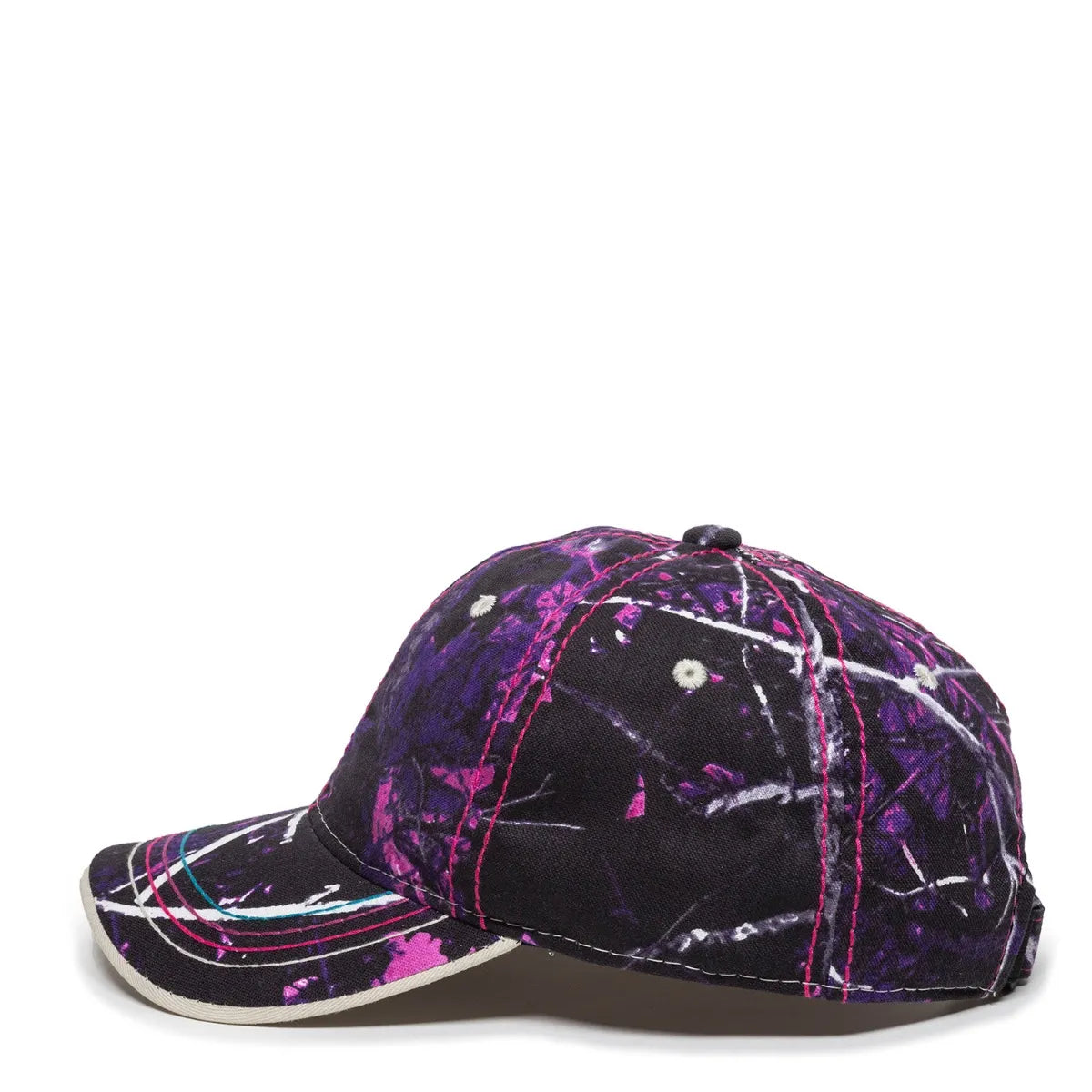 Purple and black 101lds-muddy-girl cap with abstract design side view on a white background