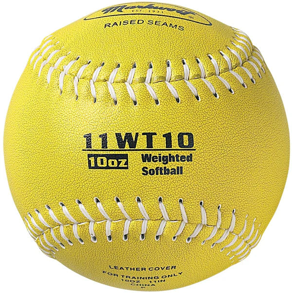 yellow 10 oz Weighted Leather 11" Softball with white stitching on white background