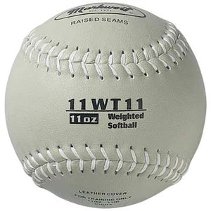 white 11 oz Weighted Leather 11" Softball with white stitching on white background