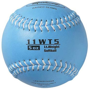 blue 5 oz Weighted Leather 11" Softball with white stitching on white background