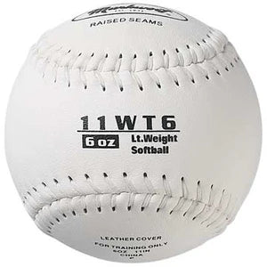 white 6 oz Weighted Leather 11" Softball with white stitching on white background