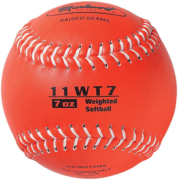 red 7 oz Weighted Leather 11" Softball with white stitching on white background