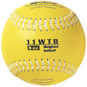 yellow 8 oz Weighted Leather 11" Softball with white stitching on white background
