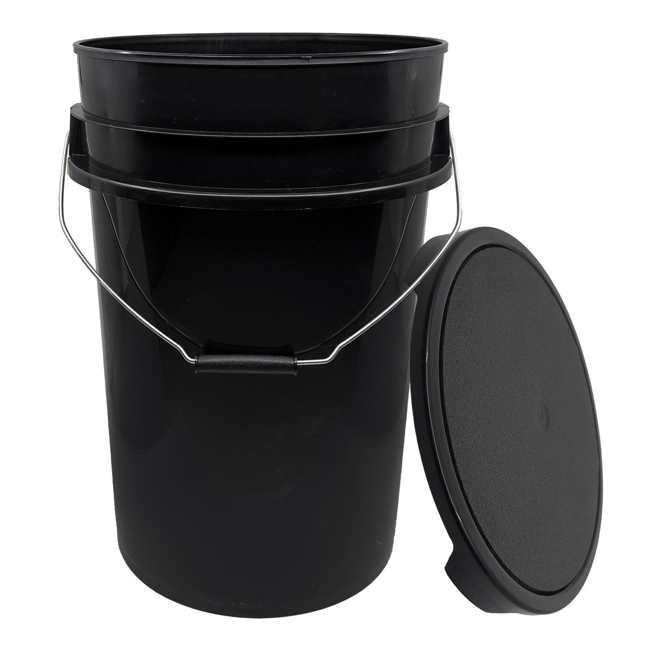 Black plastic Champion 6 Gallon Ball Bucket with a lid on a white background